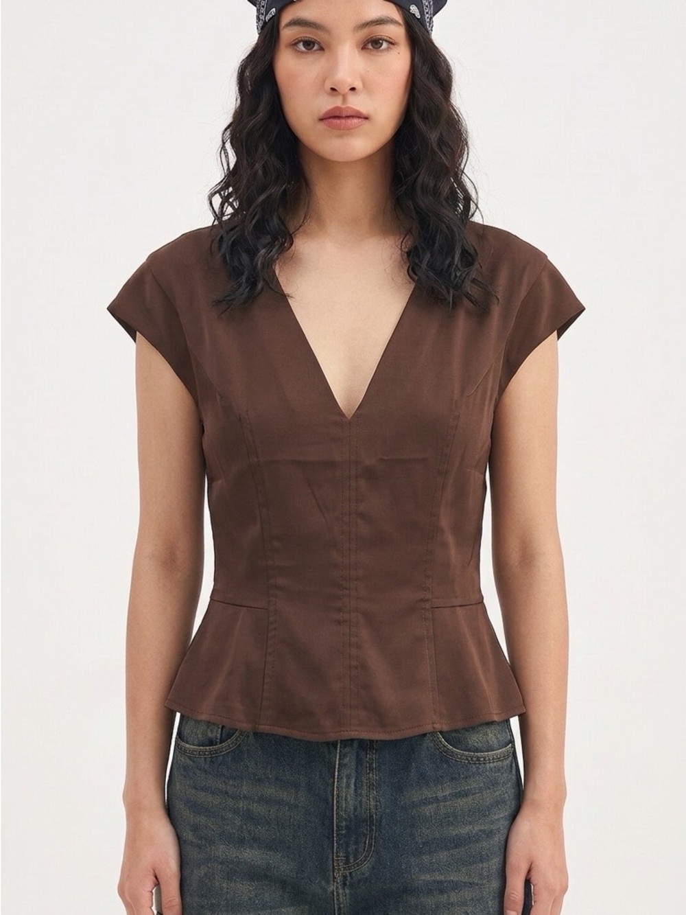 Banana Republic Brown V-Neck Peplum Cap-Sleeve Top